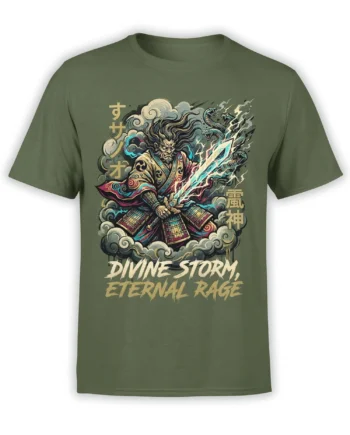 Olive green T-shirt featuring an armored storm warrior, serpents, lightning, clouds, and “DIVINE STORM” text