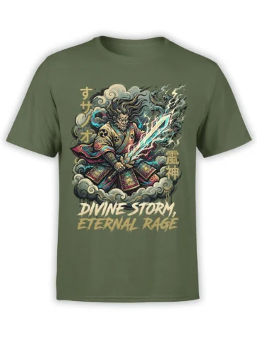 Olive green T-shirt featuring an armored storm warrior, serpents, lightning, clouds, and “DIVINE STORM” text