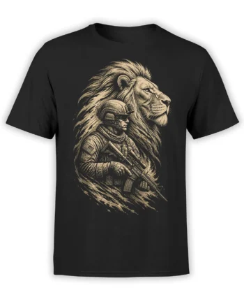 Black T-shirt featuring a sepia lion behind a tactical soldier holding a rifle