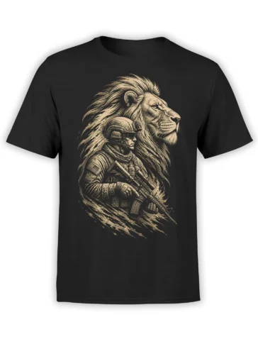 Black T-shirt featuring a sepia lion behind a tactical soldier holding a rifle