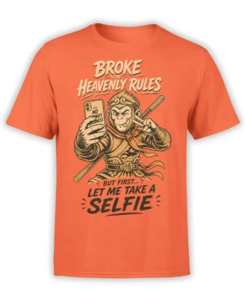 Orange T-shirt with a mischievous warrior monkey taking a selfie and breaking the heavenly rules