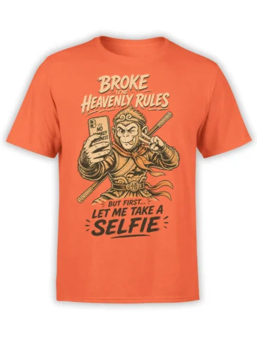 Orange T-shirt with a mischievous warrior monkey taking a selfie and breaking the heavenly rules