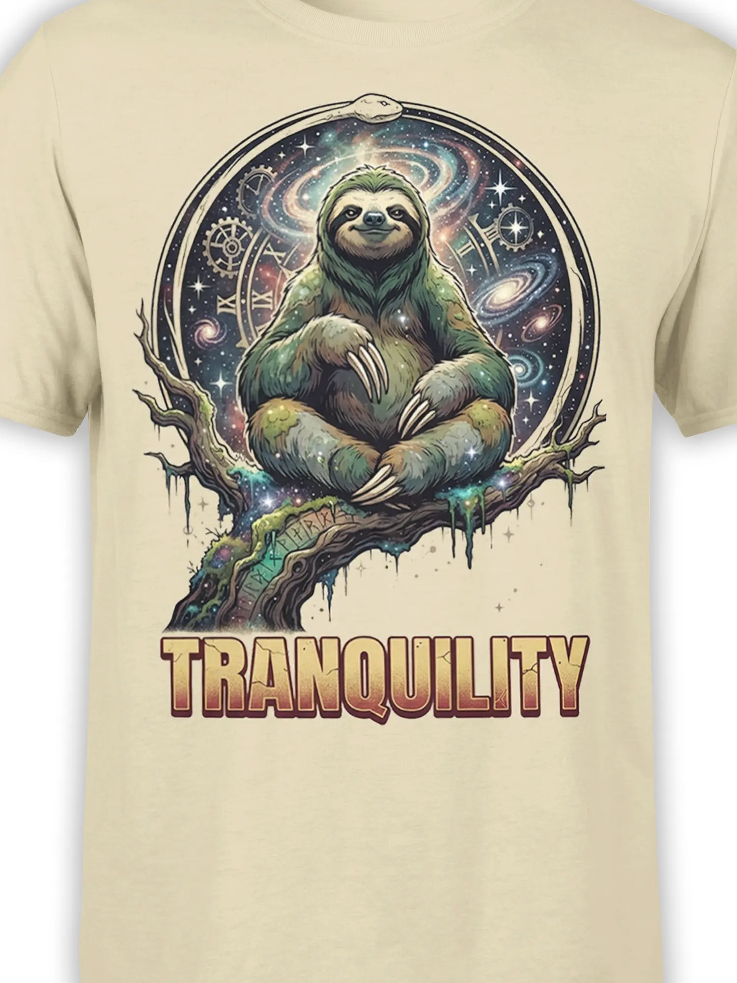 Close-up of the cosmic sloth design with galaxies, stars, gears, branch details, and TRANQUILITY text