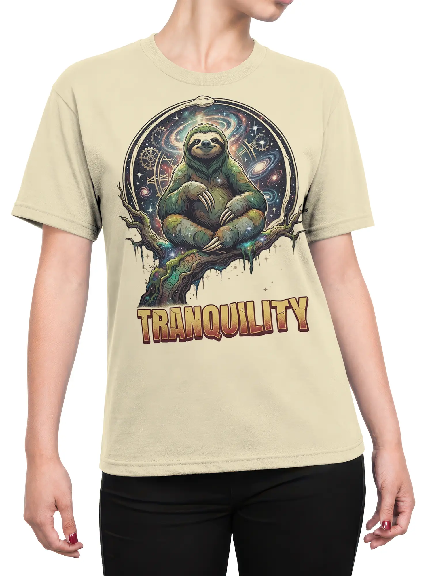 Female torso wearing a beige cosmic sloth T-shirt with a galaxy background and peaceful TRANQUILITY design