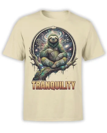 Beige T-shirt with a relaxed sloth sitting on a branch inside a colorful galaxy and star design