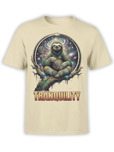 Beige T-shirt with a relaxed sloth sitting on a branch inside a colorful galaxy and star design