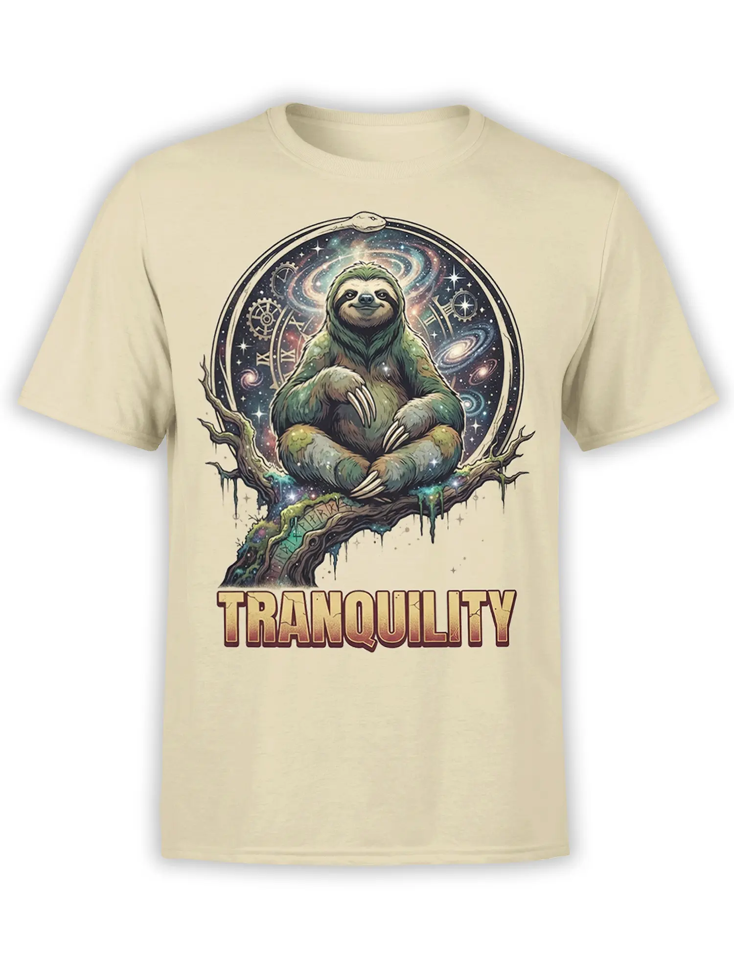 Beige T-shirt with a relaxed sloth sitting on a branch inside a colorful galaxy and star design
