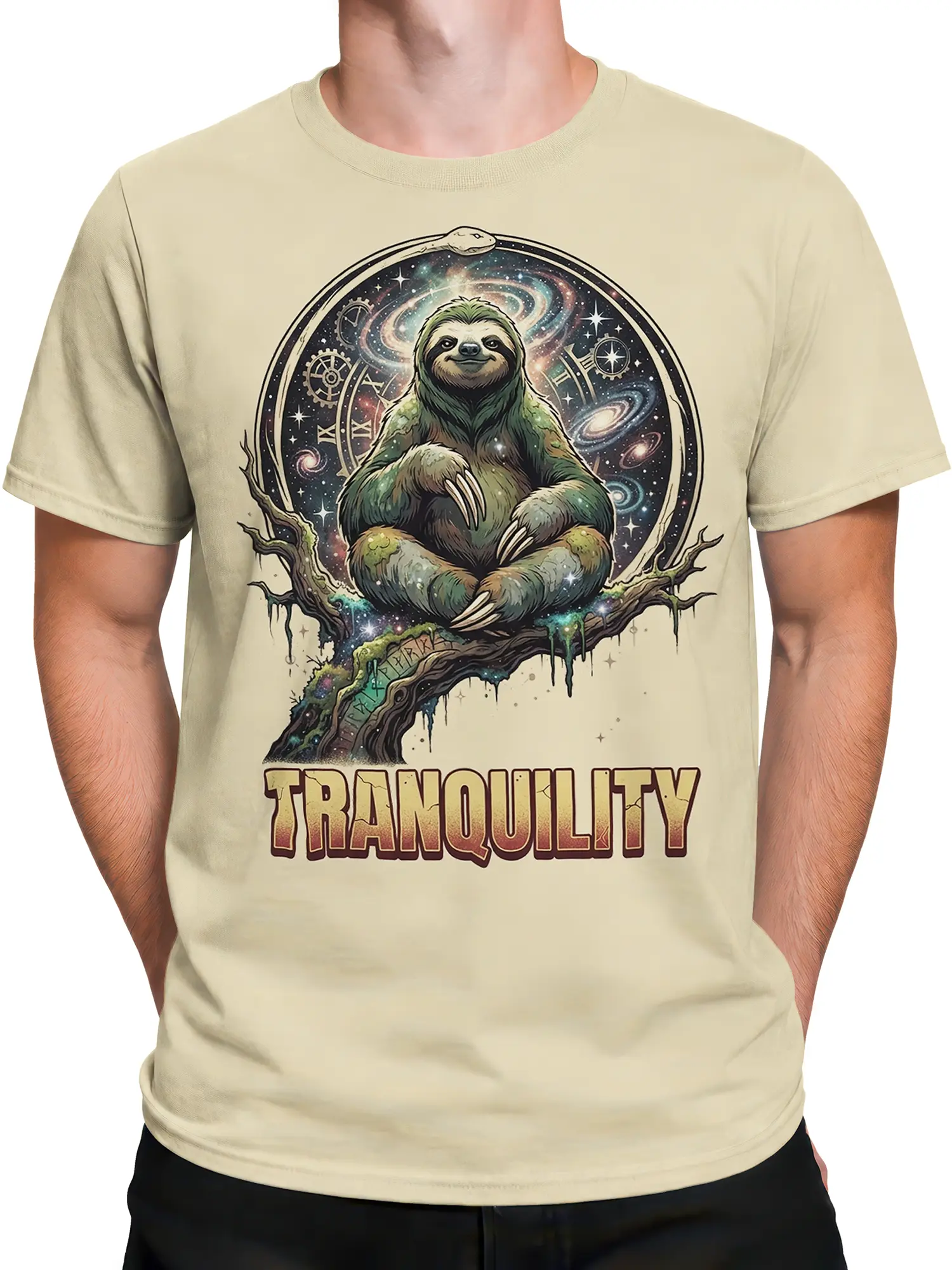 Male torso wearing a beige sloth T-shirt with stars, galaxies, gears, and vintage TRANQUILITY lettering