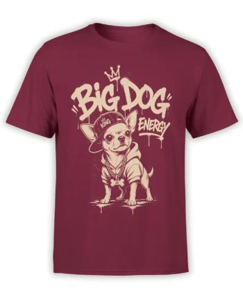 Crowned French bulldog wearing a hoodie and cap on a burgundy Big Dog Energy T-shirt