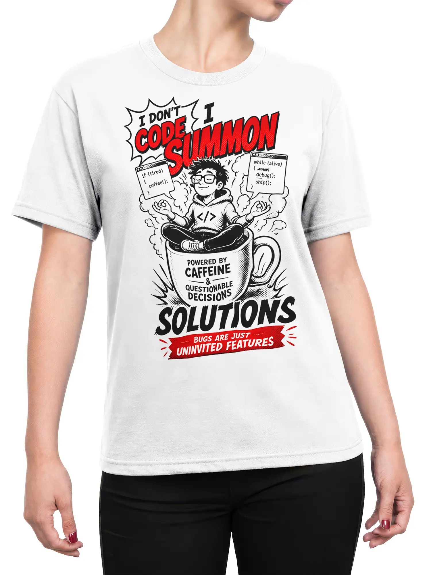 Female torso wearing a white programmer T-shirt with a coffee cup coder graphic and red-and-black lettering