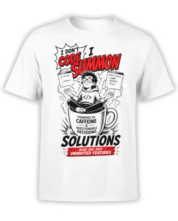 White programmer T-shirt with a meditating coder in a coffee cup and bold red-and-black coding humor text