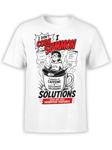 White programmer T-shirt with a meditating coder in a coffee cup and bold red-and-black coding humor text