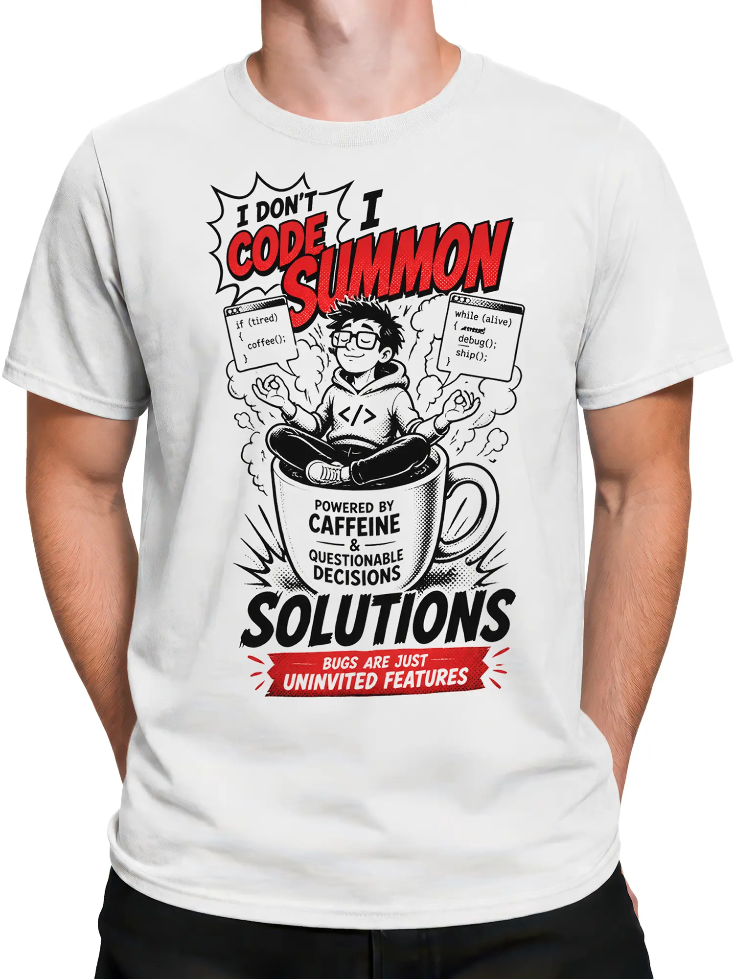 Male torso wearing a white coding humor T-shirt with a meditating programmer and coffee cup graphic