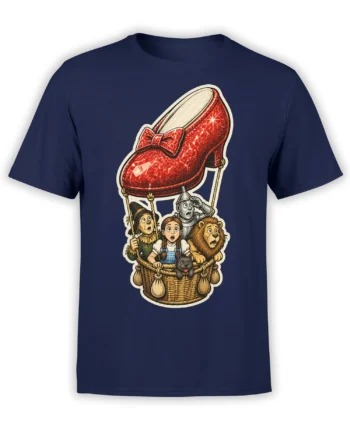 Navy fantasy T-shirt with a red balloon, young traveler, dog, lion, and storybook flying crew
