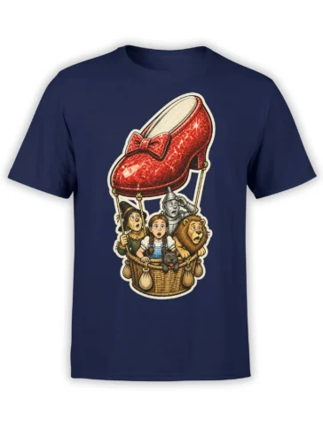 Navy fantasy T-shirt with a red balloon, young traveler, dog, lion, and storybook flying crew