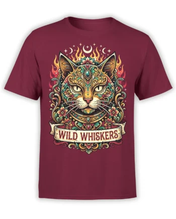 Ornate Wild Whiskers cat design with flowers, flames, moons, and snakes on a burgundy T-shirt