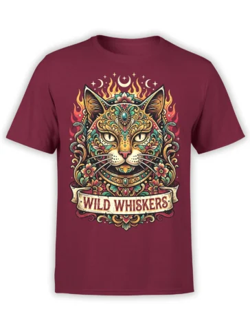 Ornate Wild Whiskers cat design with flowers, flames, moons, and snakes on a burgundy T-shirt
