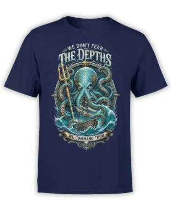Menacing blue-green octopus holding a gold trident above a ship on a navy T-shirt