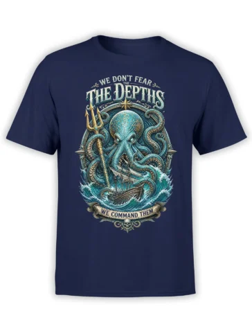 Menacing blue-green octopus holding a gold trident above a ship on a navy T-shirt