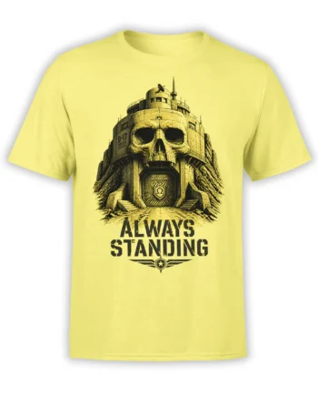 Yellow T-shirt featuring a dark skull-shaped military fortress and “Always Standing” artwork