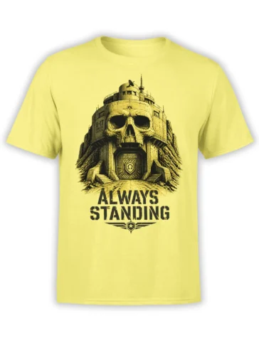 Yellow T-shirt featuring a dark skull-shaped military fortress and “Always Standing” artwork