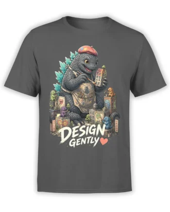 Gray dinosaur artist T-shirt with a paintbrush, miniature city, tiny creatures, and Design Gently lettering
