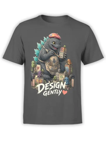 Gray dinosaur artist T-shirt with a paintbrush, miniature city, tiny creatures, and Design Gently lettering
