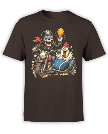 Brown T-shirt with a skeleton biker, bright torch, red scarf, and startled chicken in a blue sidecar