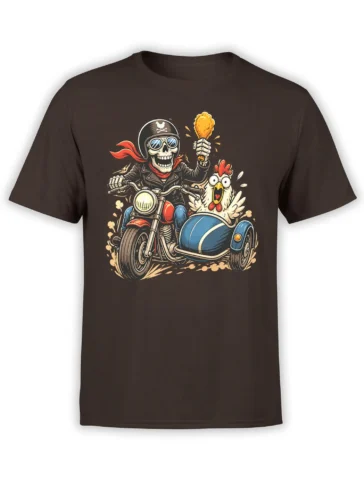 Brown T-shirt with a skeleton biker, bright torch, red scarf, and startled chicken in a blue sidecar