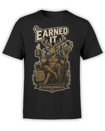 Black Cernunnos mythology T-shirt with antlered deer god, crow, staff, mug, and wild weekend artwork