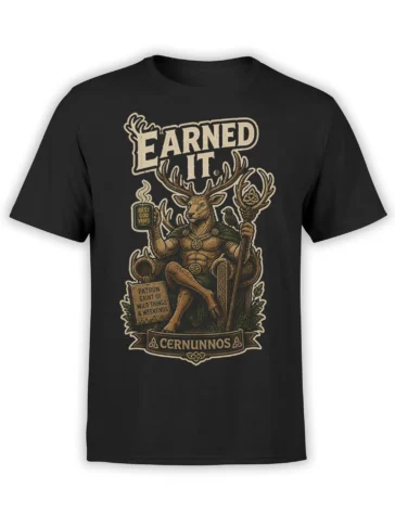 Black Cernunnos mythology T-shirt with antlered deer god, crow, staff, mug, and wild weekend artwork