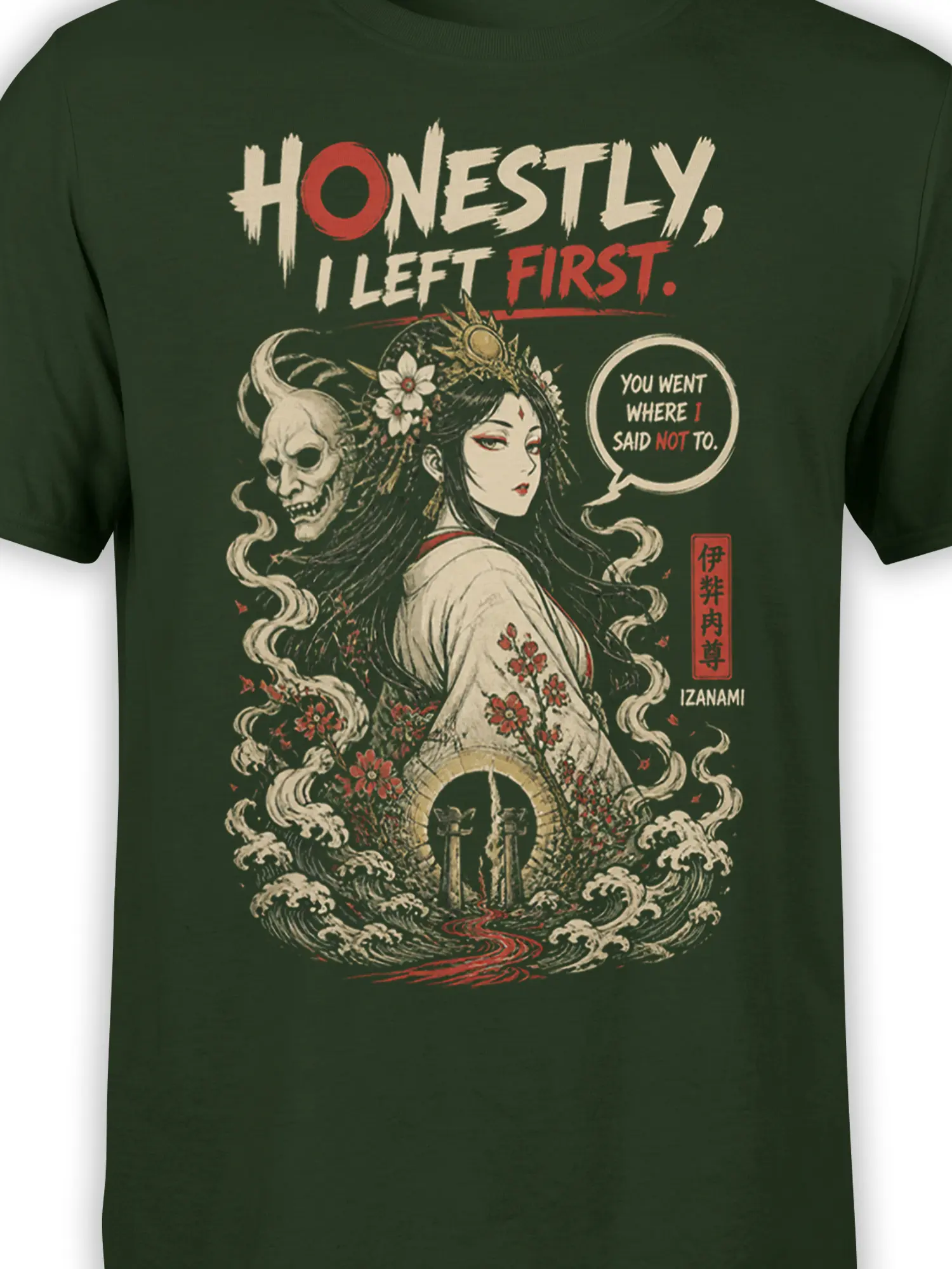 Close-up of the Izanami fantasy artwork showing the woman, skull spirit, flowers, waves, and red details