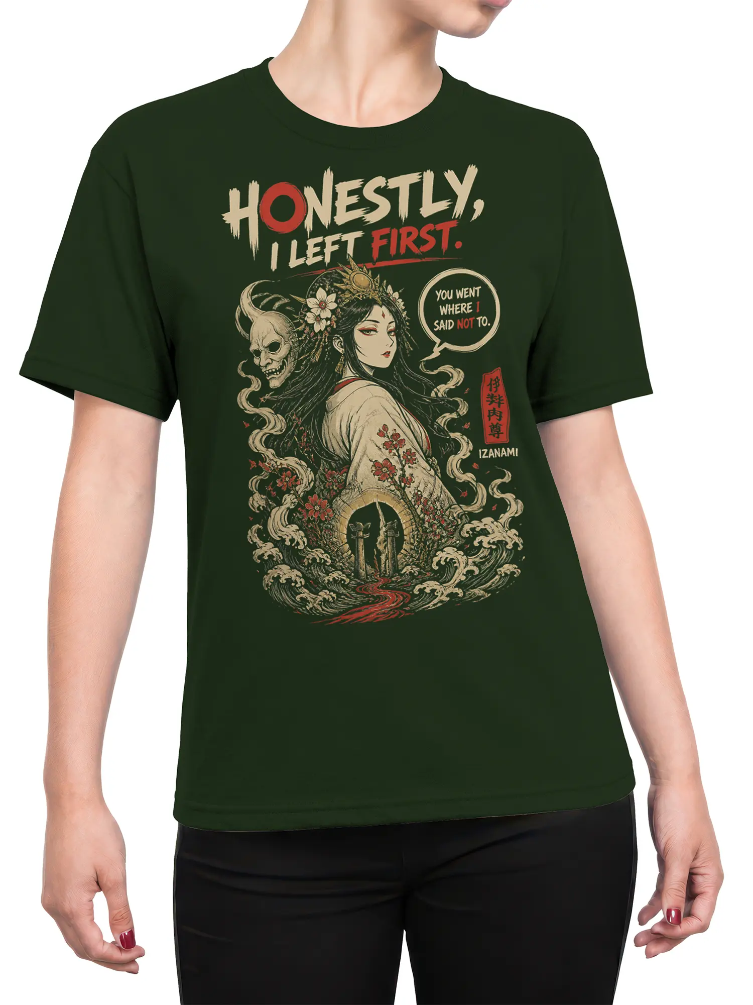 Female torso wearing a dark green T-shirt with an Izanami fantasy woman and skull spirit graphic