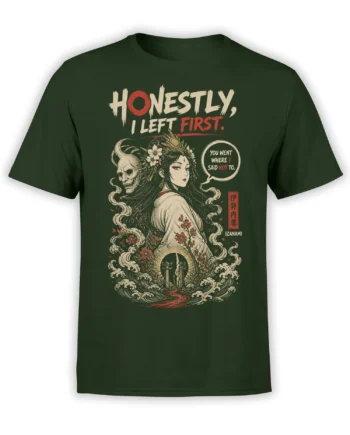 Izanami fantasy woman and horned skull spirit design with flowers and waves on a dark green T-shirt