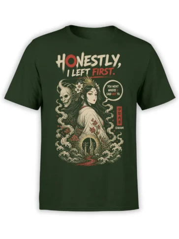 Izanami fantasy woman and horned skull spirit design with flowers and waves on a dark green T-shirt