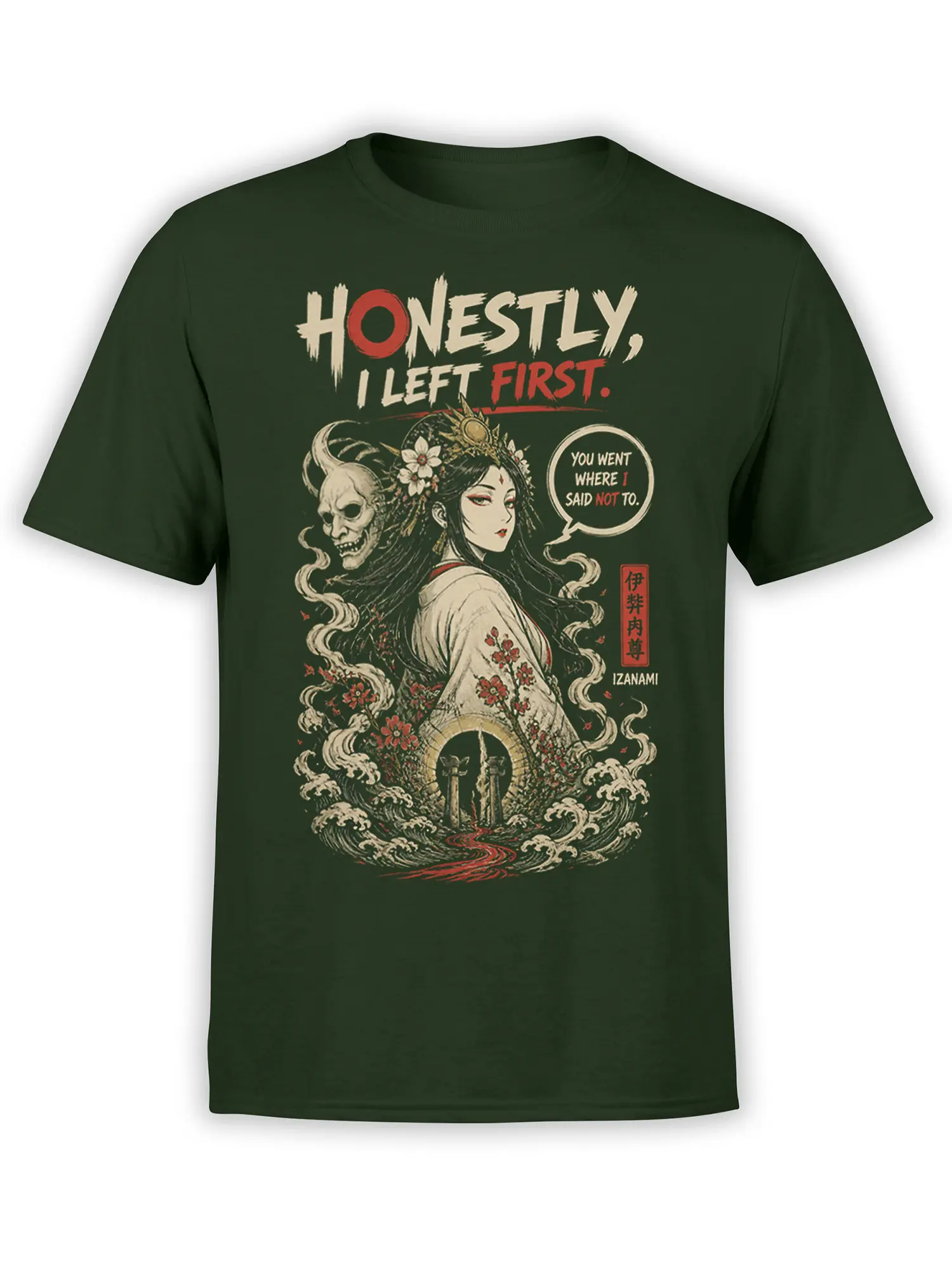 Izanami fantasy woman and horned skull spirit design with flowers and waves on a dark green T-shirt