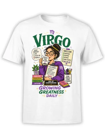 White Virgo T-shirt with perfectionist woman, checklists, coffee, books, and “CEO of Overthinking” artwork