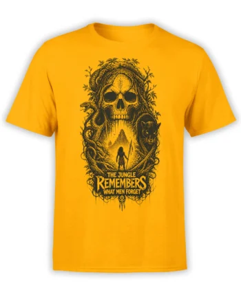 Orange skull T-shirt with jungle foliage, a serpent, black panther, ancient temple, and adventurer design