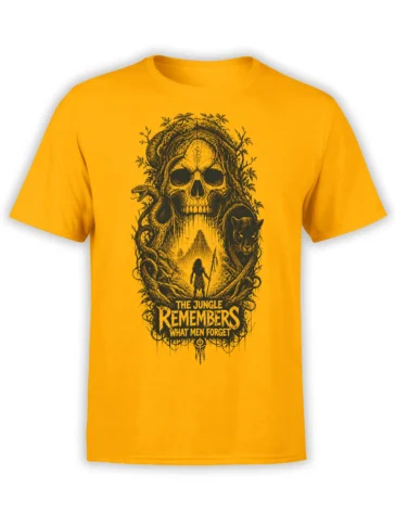 Orange skull T-shirt with jungle foliage, a serpent, black panther, ancient temple, and adventurer design