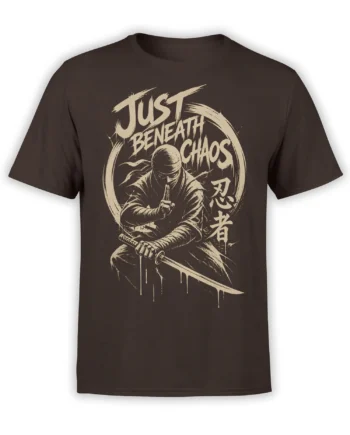 Brown ninja t-shirt featuring a hooded sword warrior, distressed cream lettering, and Japanese-inspired symbols