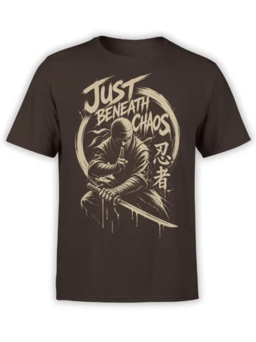 Brown ninja t-shirt featuring a hooded sword warrior, distressed cream lettering, and Japanese-inspired symbols