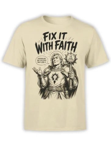 Beige fantasy warrior T-shirt with black “Fix It With Faith” lettering and a spiked divine mace
