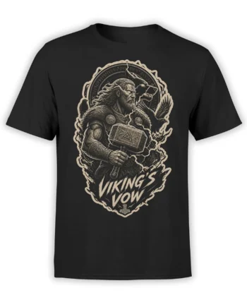 Black Viking T-shirt featuring a bearded warrior with hammer, raven, lightning, runes, and VIKINGS VOW text