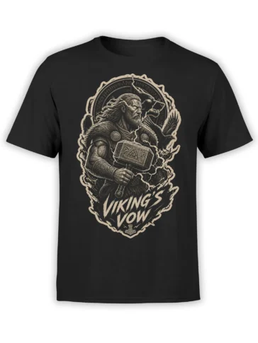 Black Viking T-shirt featuring a bearded warrior with hammer, raven, lightning, runes, and VIKINGS VOW text