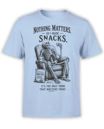 Light blue skull T-shirt with a lounging skeleton, snack bag, “MEH.” mug, and existential humor text