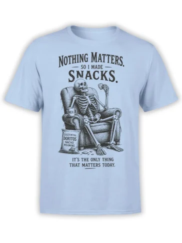 Light blue skull T-shirt with a lounging skeleton, snack bag, “MEH.” mug, and existential humor text