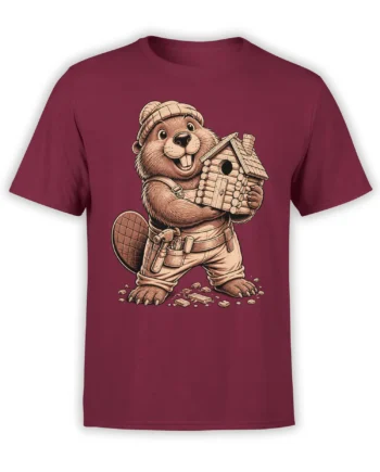 Cheerful beaver builder holding a wooden birdhouse on a burgundy T-shirt