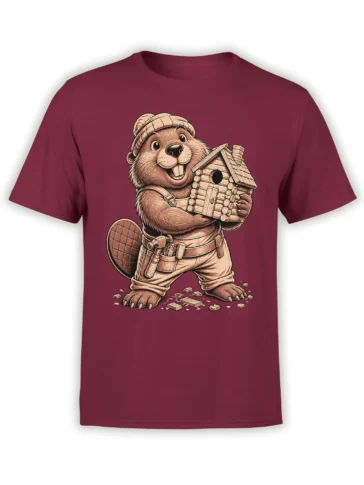 Cheerful beaver builder holding a wooden birdhouse on a burgundy T-shirt