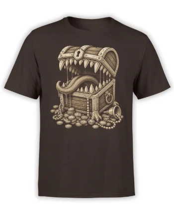 Brown T-shirt with a toothy treasure chest creature, curling tongue, coins, jewelry, and vintage fantasy artwork