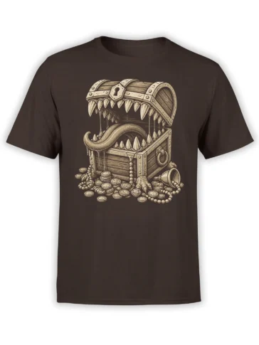 Brown T-shirt with a toothy treasure chest creature, curling tongue, coins, jewelry, and vintage fantasy artwork